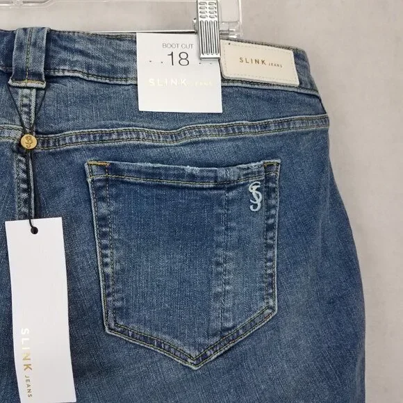 NEW SLINK Size 18 Boot Cut Curvy Denim Jeans Distressed in Erica Blue Wash Boot Cut